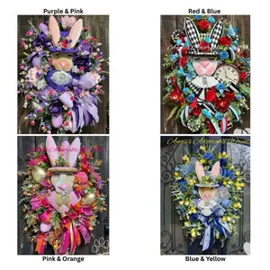 Easter Wreath Spring Wreath XXL Purple with Bunny & Flowers for Home Decor 24 Inch Evergreen Bay 10 Inch Deco Mesh Handmade Rabbit Attachment