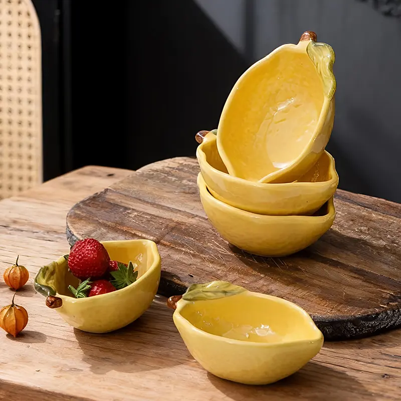 HongDian Yellow Lemon Shaped Dessert Dish 2 Pack,Small Medium Ceramic Sauce Plate,100/160ml 3/5 oz,Hand Painted Leaf Detail,Premium Ceramic,SGS Tested Underglaze Fade Resistant,Dishwasher Microwave Oven Sterilizer Safe,Tea Time Dessert Serving
