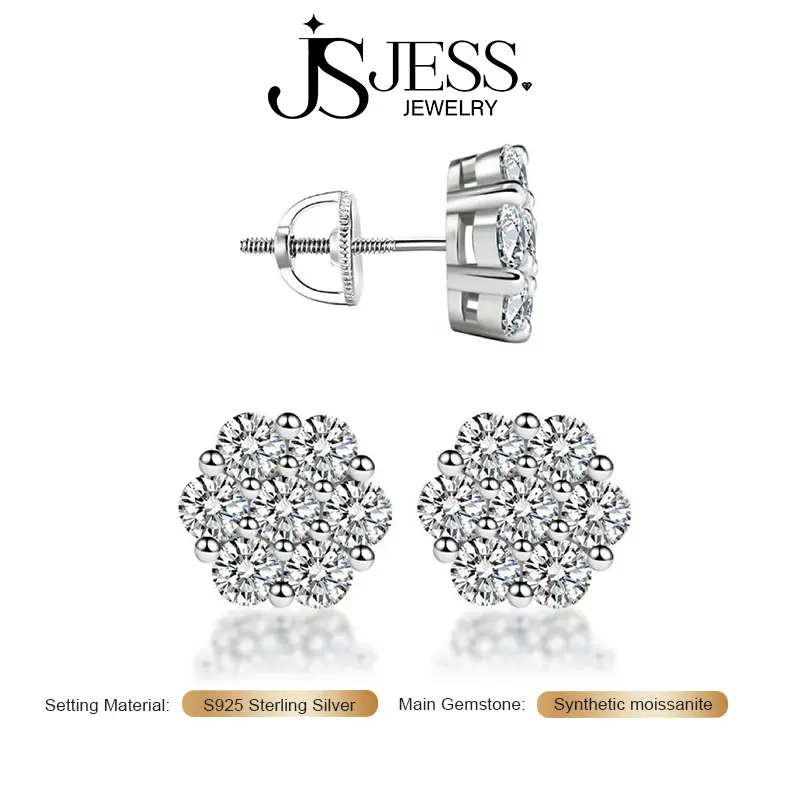 Cluster Stud Earrings Jewelry, D Color VVS1 Grade Full Moissanite, S925 Sterling Silver Platinum-Plated Earrings for Men and Women, Wedding Gift