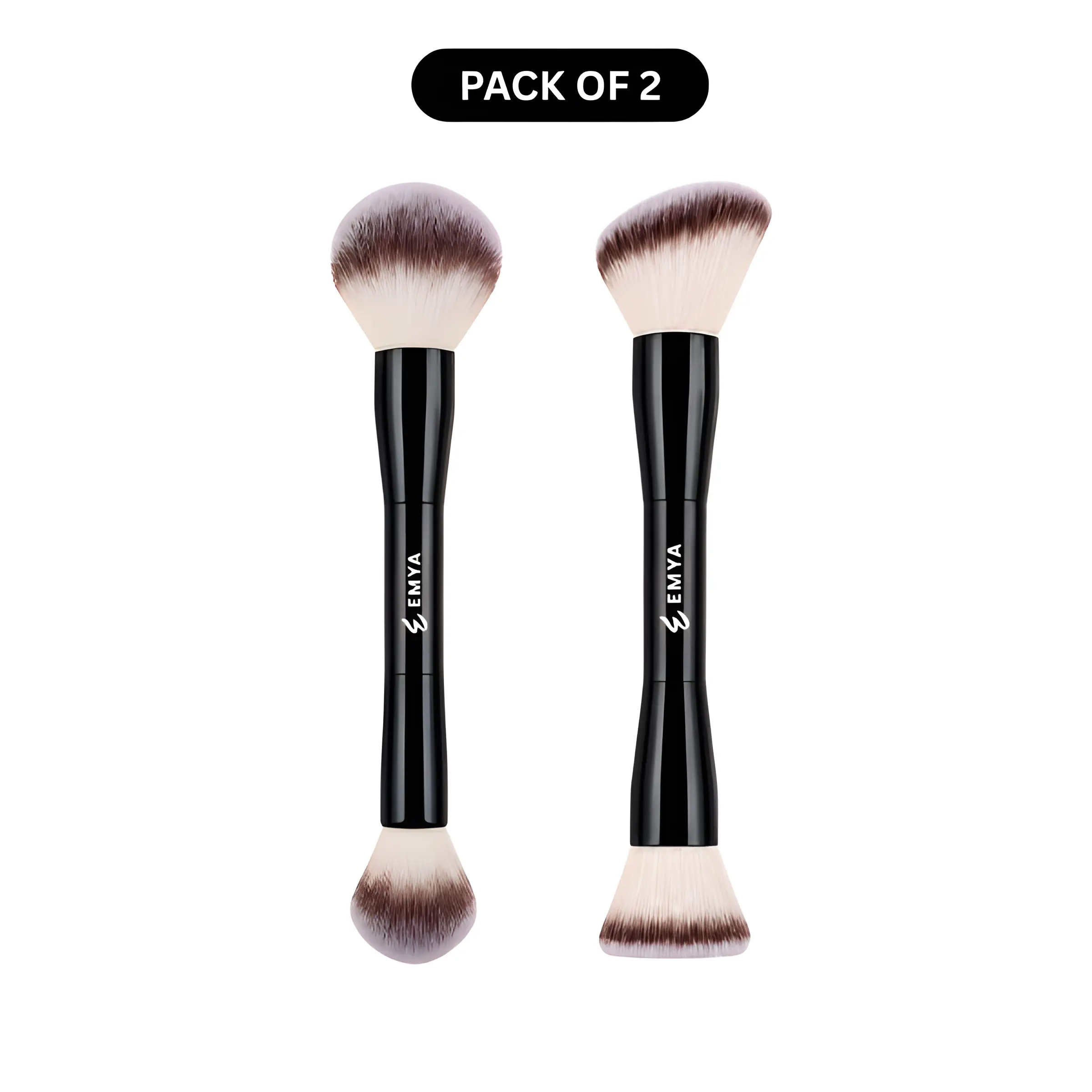 EMYA Veil Powder & Angled Foundation Dual-Ended Makeup Brush, 2 pcs, Powder, Liquid & Cream Blending Brushes, Soft Vegan Bristles