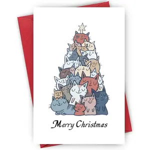 Cat Stack Holiday Tree Card - "Merry Christmas" in Handwriting | Multicolored Feline Tower, Star Topper, Suitable for Multi-Pet Households, Playful Xmas