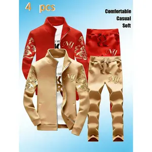 Men's Stand-Collar Zipper Tracksuit - Stylish NY Embroidered Pattern, 4-Piece Casual Sports Set