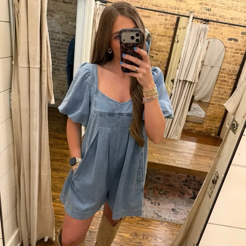 Stitch Detailed Bubble Sleeve Romper Denim - Western Wear - Denim Romper - Country Music Concert Outfit Inspiration - Oversized Romper - Women’s Clothing