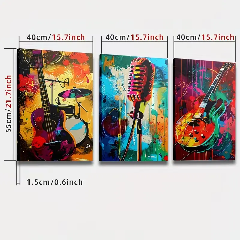 3-Piece Framed Music Canvas Art Set - Rock Retro Artistic Home Decor, Bold Graffiti-Style Guitar, Drum Kit, Vintage Microphone with Vivid Splashing Color Backgrounds, HD Fade-Resistant Premium Canvas Print (Ideal Gift)