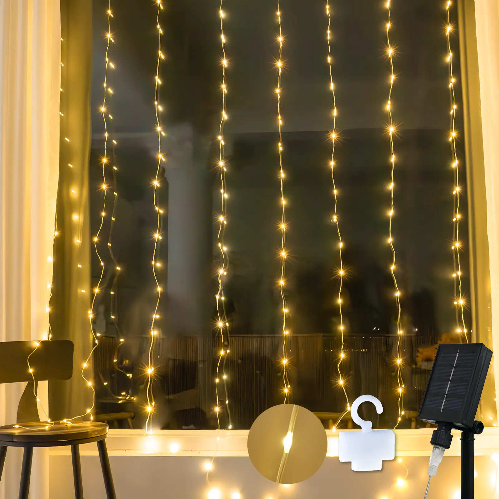Suddus solar tangle-free curtain lights, 200 LED hanging lights with hook, waterproof window lights for Christmas, dorm, wall, backdrop, window, wedding, party, birthday decor, warm white