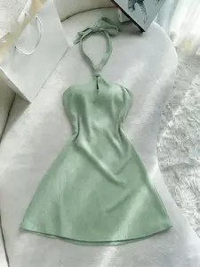 Mint Halter Tie Waist Umbrella Hem Dress, Women French Girl Style Elegant Chic Summer Beach Vacation Dress, Fitted Solid Pattern, Holiday Wear