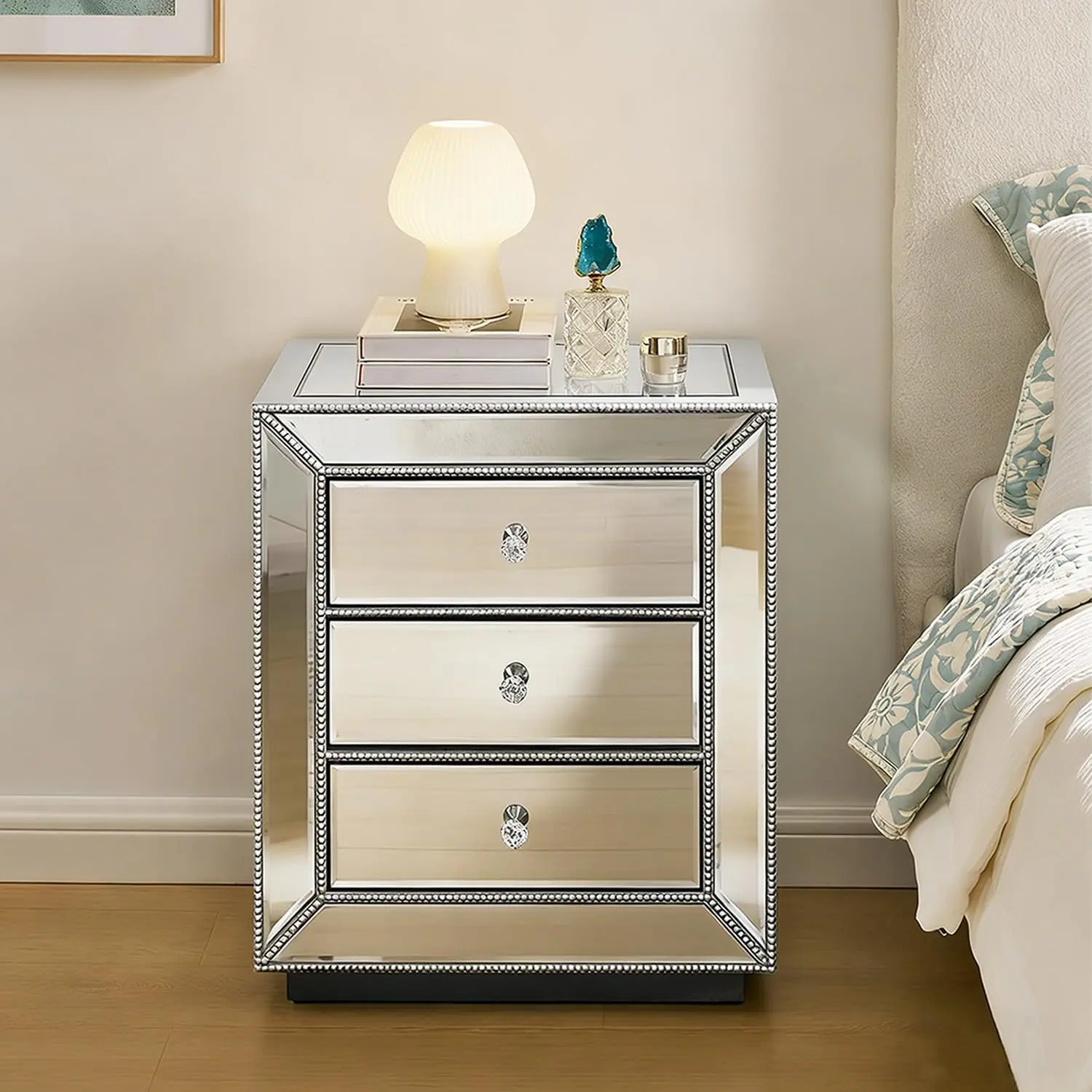 Mirrored Nightstand with 3 Drawers, Silver End Table with Crystal Handles, Modern Bedside Table for Living Room, Bedroom