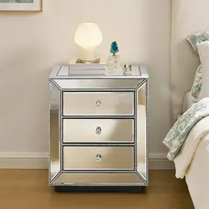 Mirrored Nightstand with 3 Drawers, Silver End Table with Crystal Handles, Modern Bedside Table for Living Room, Bedroom
