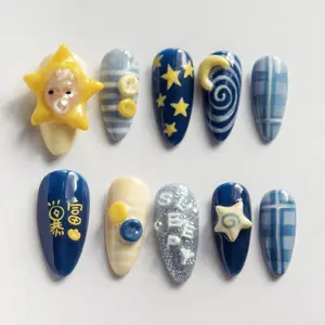 Celestial Nursery 3D Press On Nails | Moon Star Dreamcore Handmade Nail Set | Blue Gold Whimsical Reusable Nails for Beaches, Summer, Holiday, Vacation, Birthday