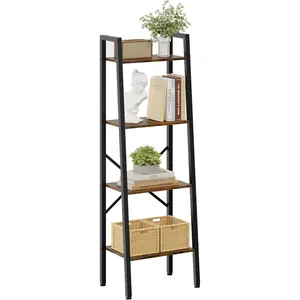 4-Tier Industrial Ladder Bookshelf, Narrow Ladder Shelf, Tall Standing Bookshelf, Skinny Open Ladder Shelf, for Living Room, Home Office, Kitchen, Bedroom, Metal Frame, Rustic Brown