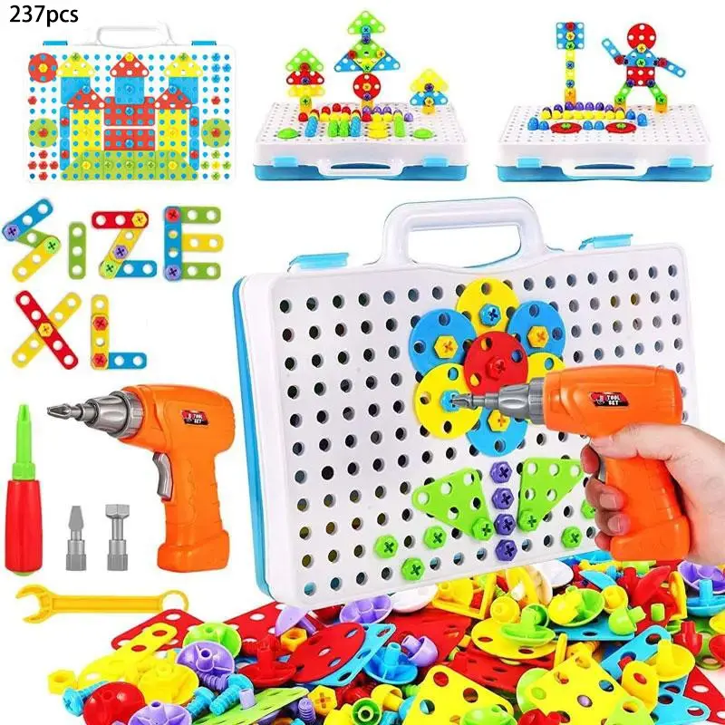 Educational Building Blocks Set, Brick Kit, 237-Piece Electric Screwdriver Toy with Kids Hand-Drill Puzzle Set, Nut-and-Bolt Disassembly Blocks, DIY Playset Construction STEM Building Kit for Boys and Girls Ages 4–10 (Batteries Not Included)