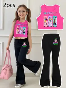 Girls Kpop Demon Hunters Korean Style Vest Bell Bottom Set, Anime Print Casual, Spring Summer Fitted Suit, Daily Wear Gift, Cute Clothing Set