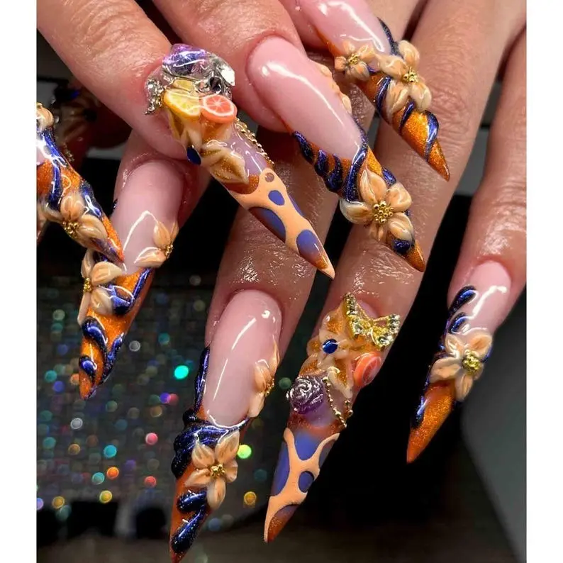 Handmade Glam Press-On Nails | Abstract Floral Design with Crystal Gems & Chain Details