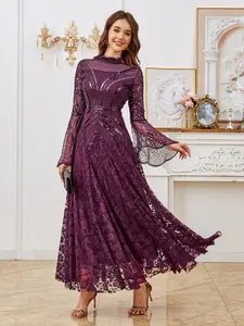 Elegant purple sequin pearl long gown dress, floor-length design with long sleeves and high neck, crafted from lace fabric, perfect for formal evening wear. Ideal for Halloween, celebrations, weddings, and ball occasions, Womenswear
