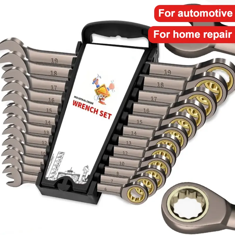 12Pcs 72-Teeth Ratcheting Box Wrench Set, CR-V Chromium-Vanadium Steel with Gray Nickel Coating, Dual-Use Ratchet Head, 12-Point 4° Swing Arc, 180° Rotation, Organizer Included, for Home Use, Men's Gift