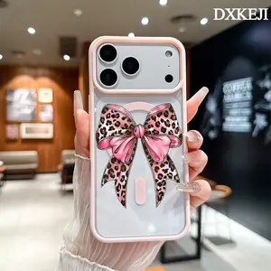 Pink Leopard Print Bow Pattern Magnetic MagSafe Phone Case for iPhone 17 Air/16 Pro Max 15 Pro 14 13 12 11 Plus Shockproof Slim Protective Cover Casing
