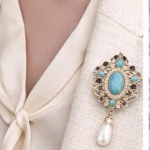 Turquoise Pearl Brooch, Vintage Gold Tone Filigree Pin, Victorian Style Jewelry, Elegant Gift for Her