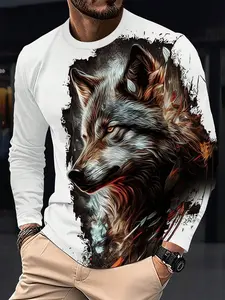 Comfortable Vibrant Wolf Full Print Round Neck Long Sleeve Fitted T-Shirt, Men's Fashion Casual Streetwear Daily Outdoor Home Activities Top