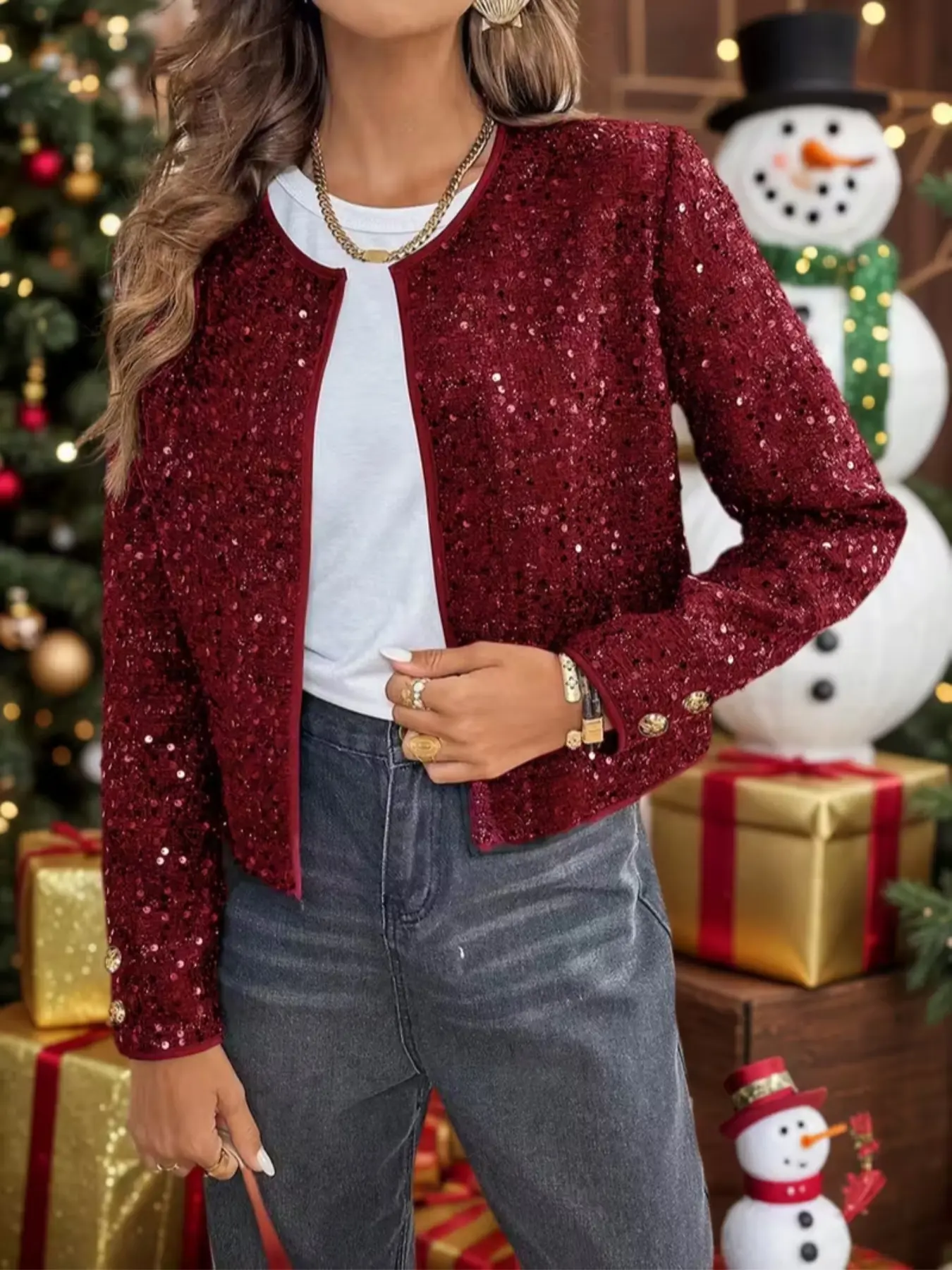 Women's Sequin Holiday Party Jacket, Long Sleeve Striped Design, Fashion Street Style Coat, Perfect for Casual & Parties