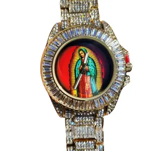 MaxBling81 Unisex Hip Hop Iced Out Gold-Plated Quartz Analog Watch with Our Lady of Guadalupe Dial and Rhinestone Decor, 40mm Metal Band, Rhinestone Decor Watch