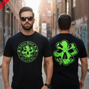Skull Clover T Shirt – Green Skull Four Leaf Clover Graphic Front And Back, Dark Irish Street Style Design, Bold Gothic Look, Casual Everyday Wear For Men