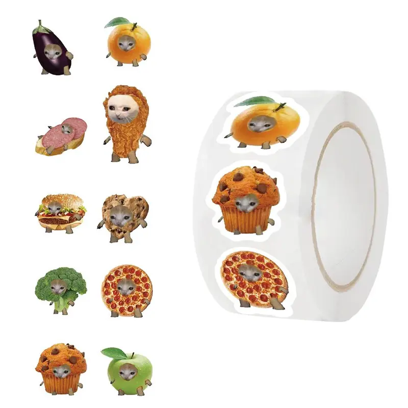 Food Cat Meme Sticker Roll, 500pcs/roll Funny Cartoon Cat Sticker, Meme Cat Sticker, Fun Stickers, Cat Funny Gifts, Cat Lover Gift for Women, Decor