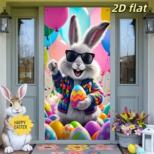 Easter Bunny Background Door Banner, Polyester Fabric, Rabbit and Egg Design, Trendy Fun Style, Party Decoration, Home Garden Decor, Party Decorations Banners