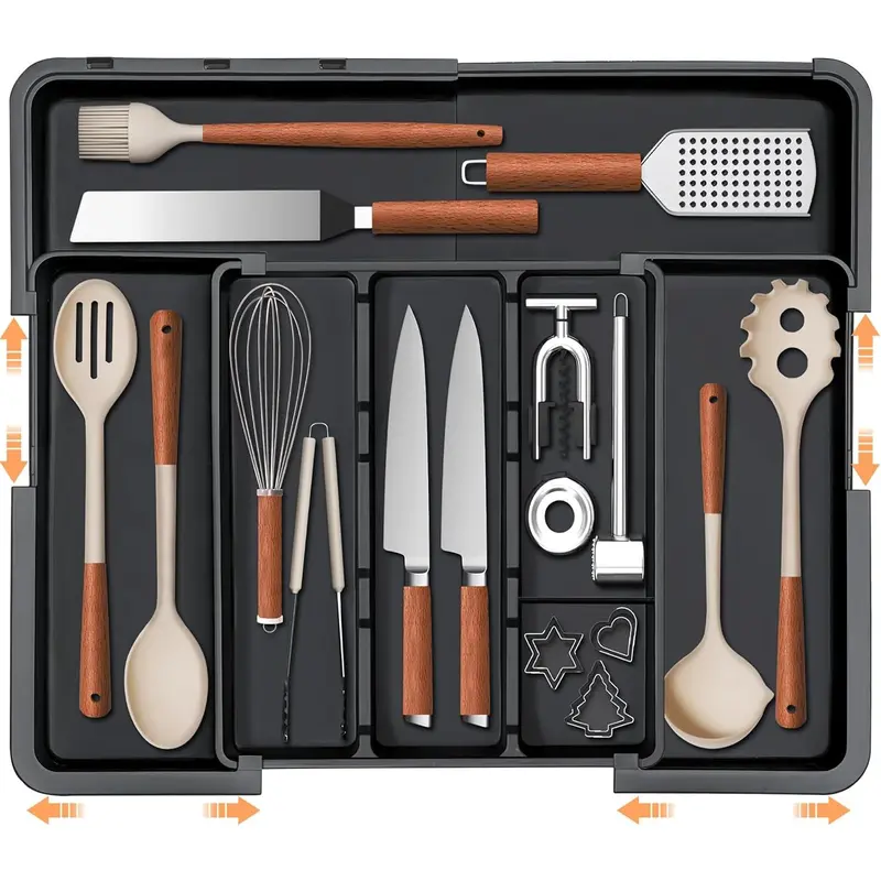 Large Cutlery Drawer Organizer Expandable Cutlery Storage Box Suitable for Kitchen Drawers Adjustable Cooking Utensil Rack Cutlery Knife Fork Spoon Tray Spatula Tool Small Tool Storage Divider Plastic Material Black