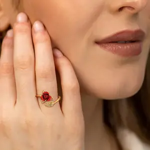U7 Red Rose Flower Ring for Women Girls Adjustable Open Ring Romantic Jewelry Gift for Her