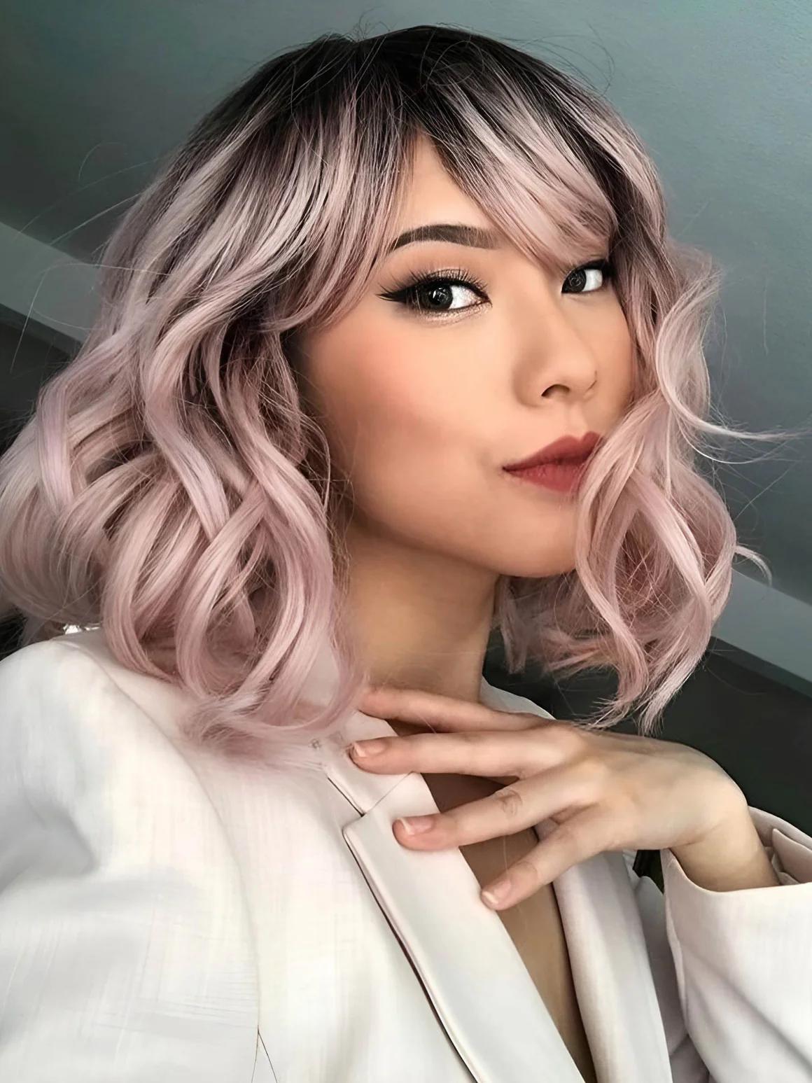 Noble Natural Wave 12 Inches Pink Ombre Color Short Curly BOB Hair Wigs