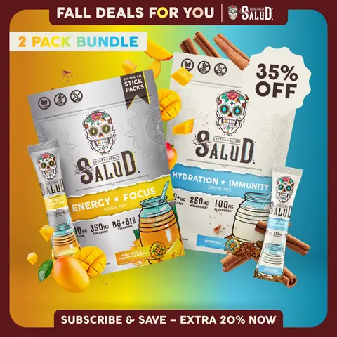 Salud 2-in-1 [Starter - Bestseller Duo] Agua Fresca Drink Mix, Energy + Focus & Hydration + Immunity, Organic Caffeine, B6 & B12, Electrolytes, Elderberry, Non-GMO, Vegan, 1g Sugar (2-Pack, 30 Servings)
