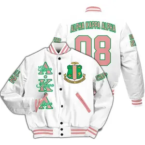 Alpha Kappa Alpha Varsity Jacket, Custom Chapter White And Salmon Pink Outerwear, Since 1908 Sorority Style