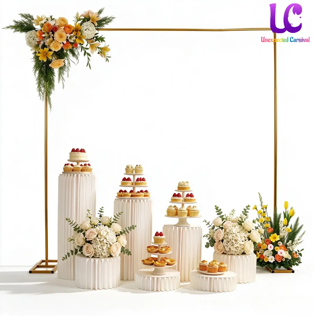 UNEXPECTED CARNIVAL UC Metallic Minimalist Birthday Party Decoration Pack - High Density Square Arch Frame, Lightweight Gold Metal, Foldable Paper Cylinder Pedestals, Balloon & Photo Setup for Modern Dessert Table