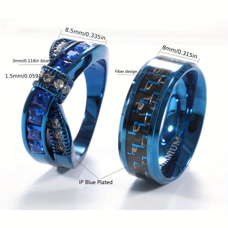 Ringcrown Couple Rings Blue Matching Rings Princess Cut AAA CZ Women Wedding Ring For Him And Her Men Titanium Steel Wedding Band