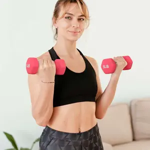 Set Of 2 Neoprene Coated Dumbbell Hand Weights, Anti-Roll Non-Slip Hexagon Shaped 5 LB Weights, Burgundy
