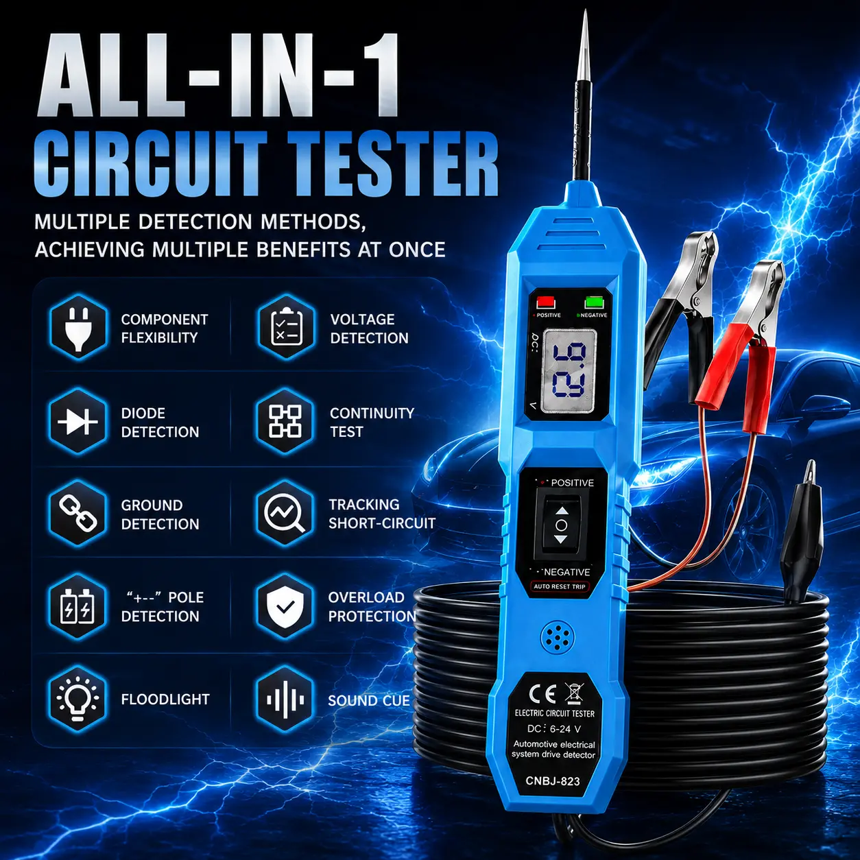 Automotive Circuit Tester - Multi-functional Car Electrical Diagnostic Tool with Voltage Check Tool, Blue LCD, Front Green LED Lights & Car Voltage Display for Vehicle Repair