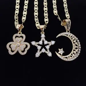 Moon Star Clover Necklace 14k Gold Plated Sunburst Val Chain
