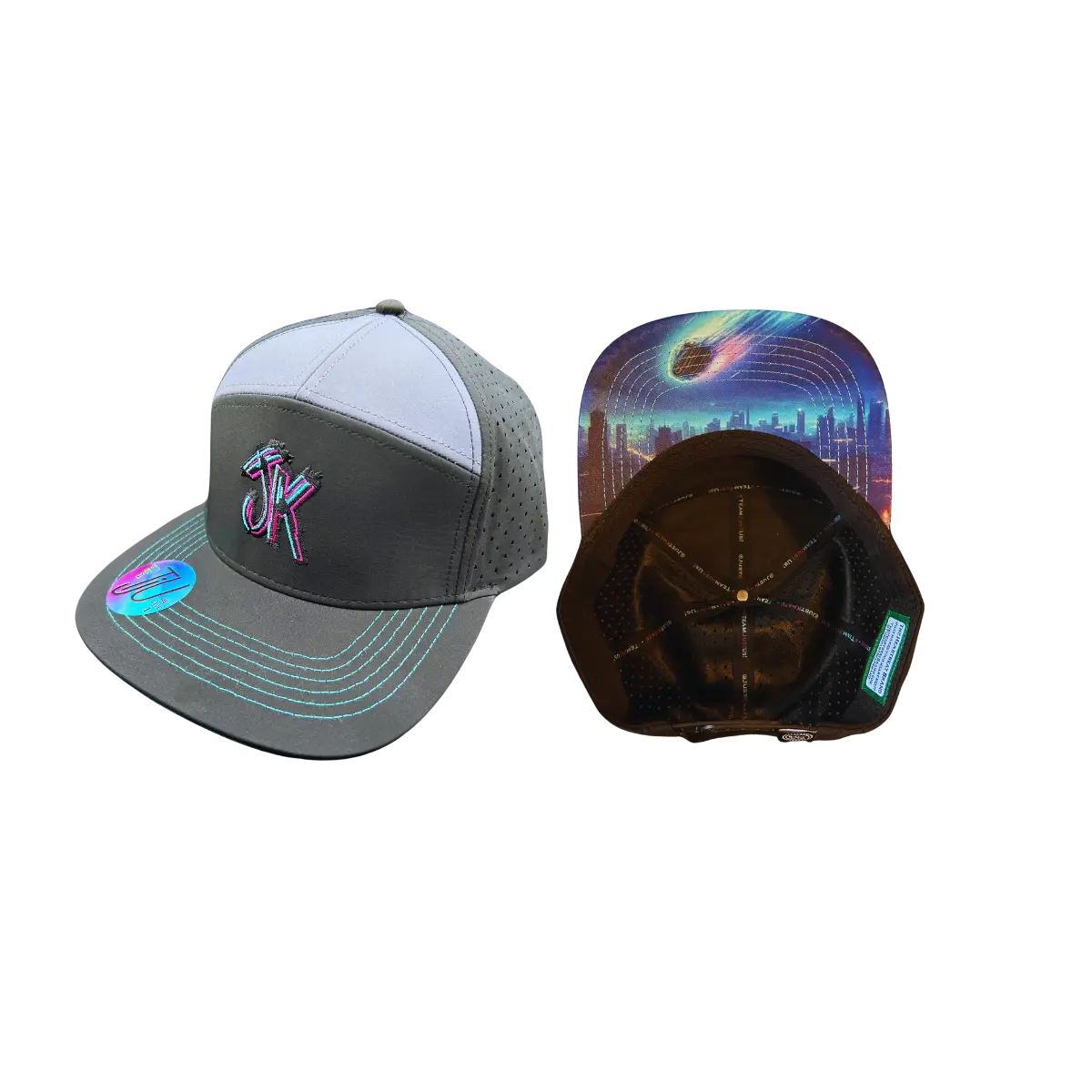 JK 7 Panel Grey / Black Snapback Hat with Downtown TJU Takeover Backdrop & Diamond-Vented Mesh Buy 1 Give 1