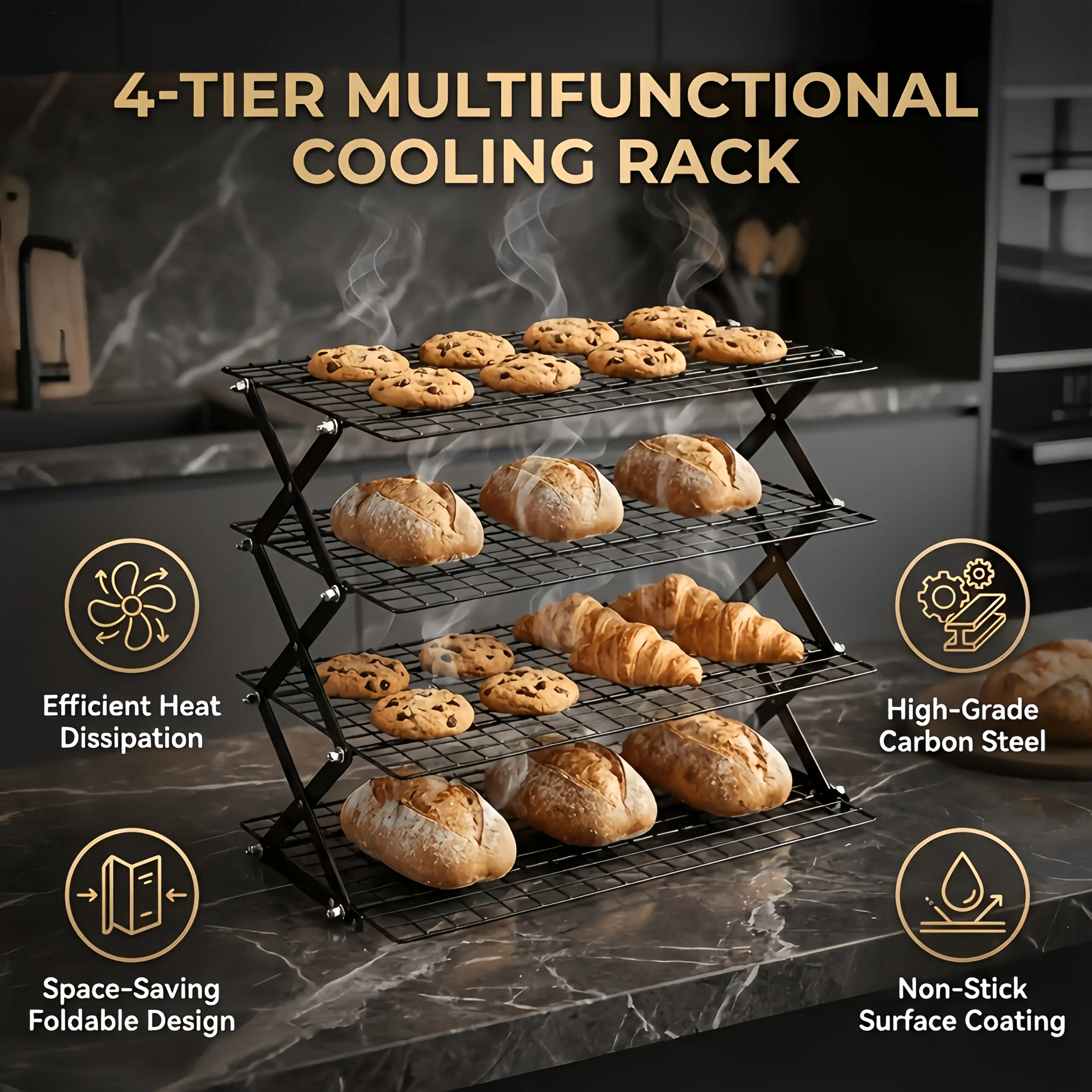 4-Layer Foldable Metal Wire Cooling Rack Bakeware - Stackable, Adjustable 4-Setting Design for Cooking, Drying, Camping Grilling, Cookies, Cakes