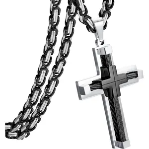 Fansilver Cross Necklace for Men Large Cross Chain Cross Pendant Byzantine Chain Necklace