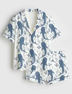 Whale Shark Beachy Satin Short Pajama Set, Ocean Marine Life Short Pajamas, Matching Family Sleepwear Set, Pajama Set For Women And Kids