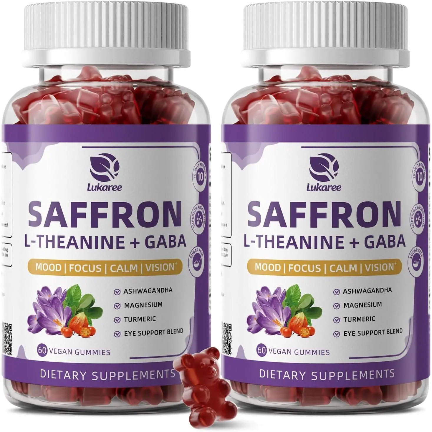 Lukaree 10-in-1 Saffron Gummies Supplement, 60-Day Supply, with L-Theanine 200mg, GABA, Ashwagandha, Turmeric, Lutein, Zeaxanthin & Astaxanthin, Sugar Free Vegan Berry Gummies, 2 Pack 120 Count
