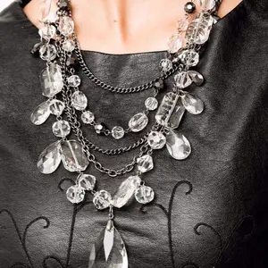 Prismatic Zi Necklace with Gunmetal Chains, Round, Marquise, Emerald, and Teardrop Cuts, Glassy White and Hematite Gems, Adjustable Clasp Closure, Includes Matching Earrings