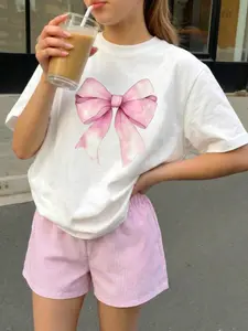 Teen Girls Casual Comfort Bow Pattern Loose Short Sleeve T-Shirt and Striped Shorts Set, Summer Vacation Leisure Two-Piece Suit