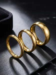 18K Gold Plated Titanium Wedding Band Set, 3PCS Polished Dome Comfort Fit Rings, Hypoallergenic Scratch Resistant Stackable Jewelry, Unisex Engagement Promise Rings for Men Women