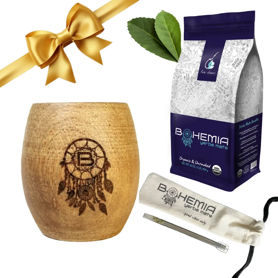 Full SET Yerba Mate Carob Cup Gourd + Handmade Straw + 1lb USDA Organic Yerba Mate Loose Leaf - Set includes Linen Bags & Thermo Stickers