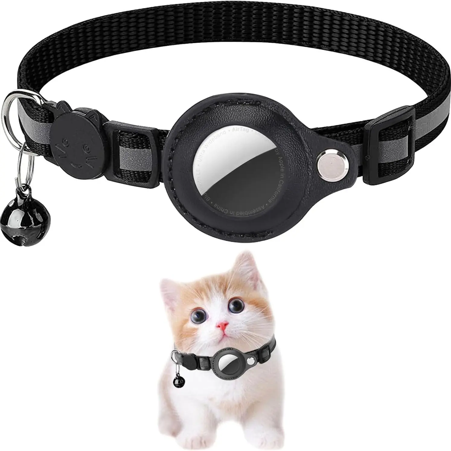 Pet GPS Tracker Collar Compatible with Airtag, Reflective PU Leather Cat Collar, Anti-Loss Tracking Device, Night Visibility Protection