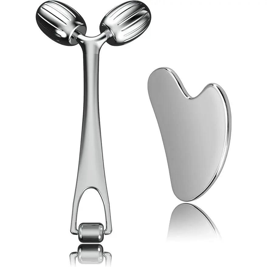Yeamon Face Massager, Metal Face Roller Gua Sha Massage Tool for Face Neck Eye Body Skin Care, Facial Roller for Women facial roller
