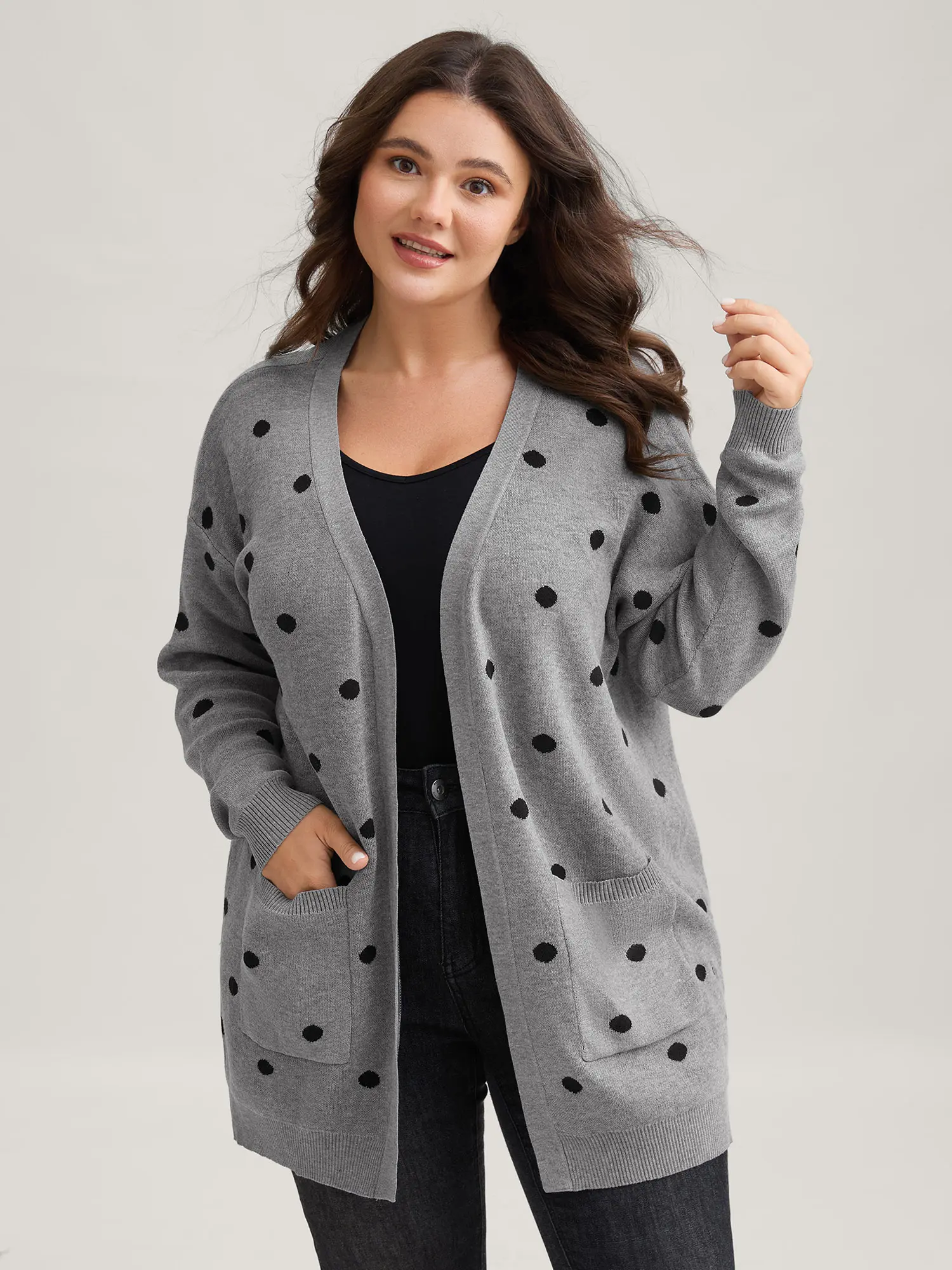 BloomChic Women's Casual Indigo Polka Dot Knit Top, Loose-Fitting Tunic Length Open Front with Drop Shoulders and Pockets, Casual Cozy Pullover, Medium Stretch