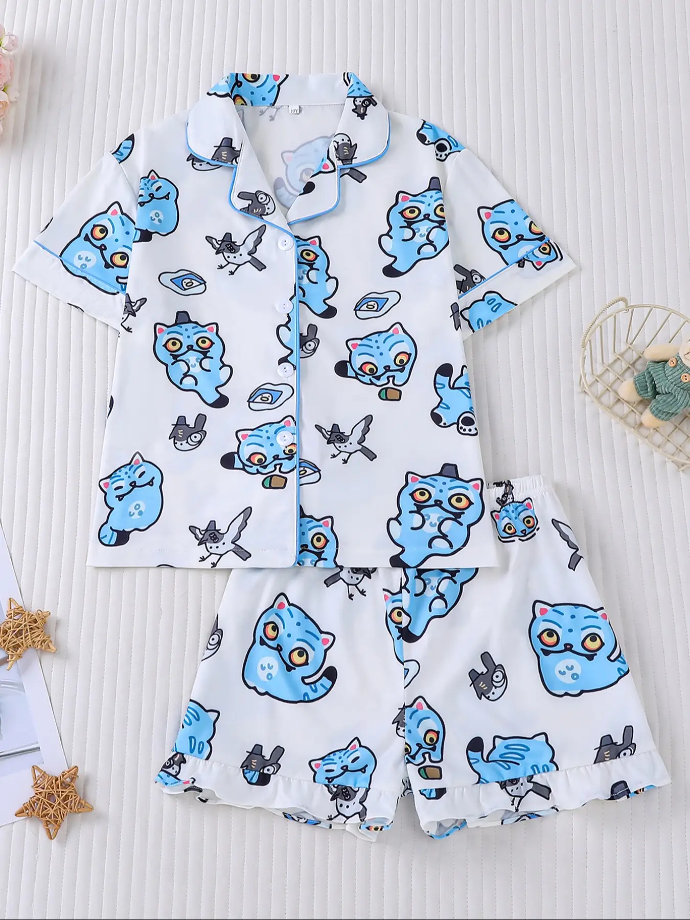Kids' Cute Cartoon Print Pajama Set, Summer Button Front Shirt & Elastic Waist Shorts, Fitted Thin Fabric, All Seasons Wear